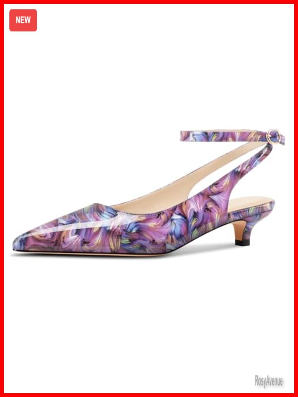 Womens Kitten Heel Pointed Toe Slingback Ankle Strap Pumps Faux Leather